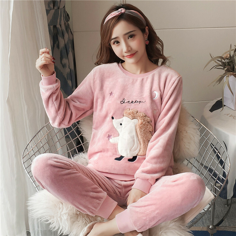 Women Ladies Fluffy Flannel Pajamas Set 